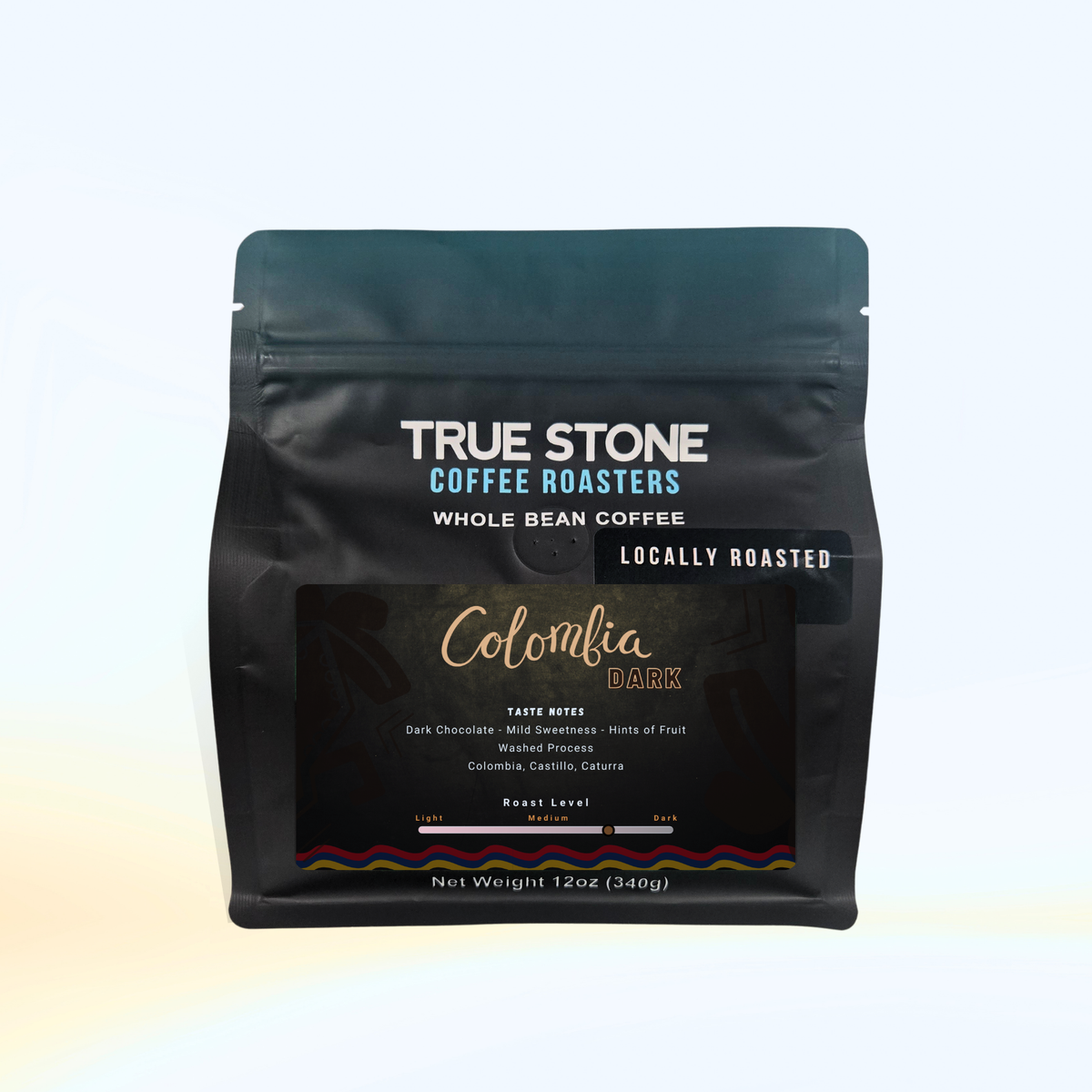 Dark Colombia dark roast coffee in a 12oz True Stone bag