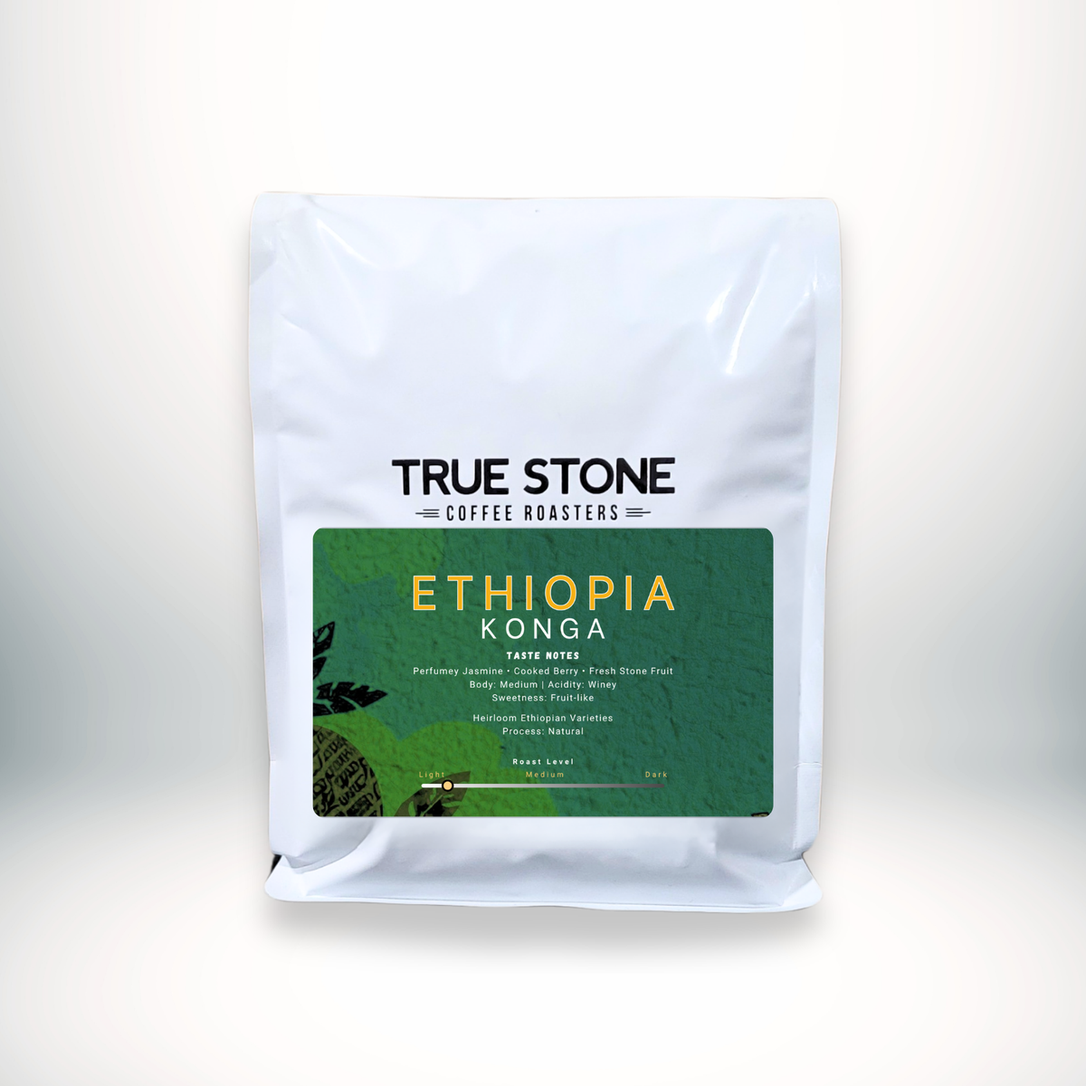 Ethiopia Konga light roast coffee in a 2lb True Stone bag
