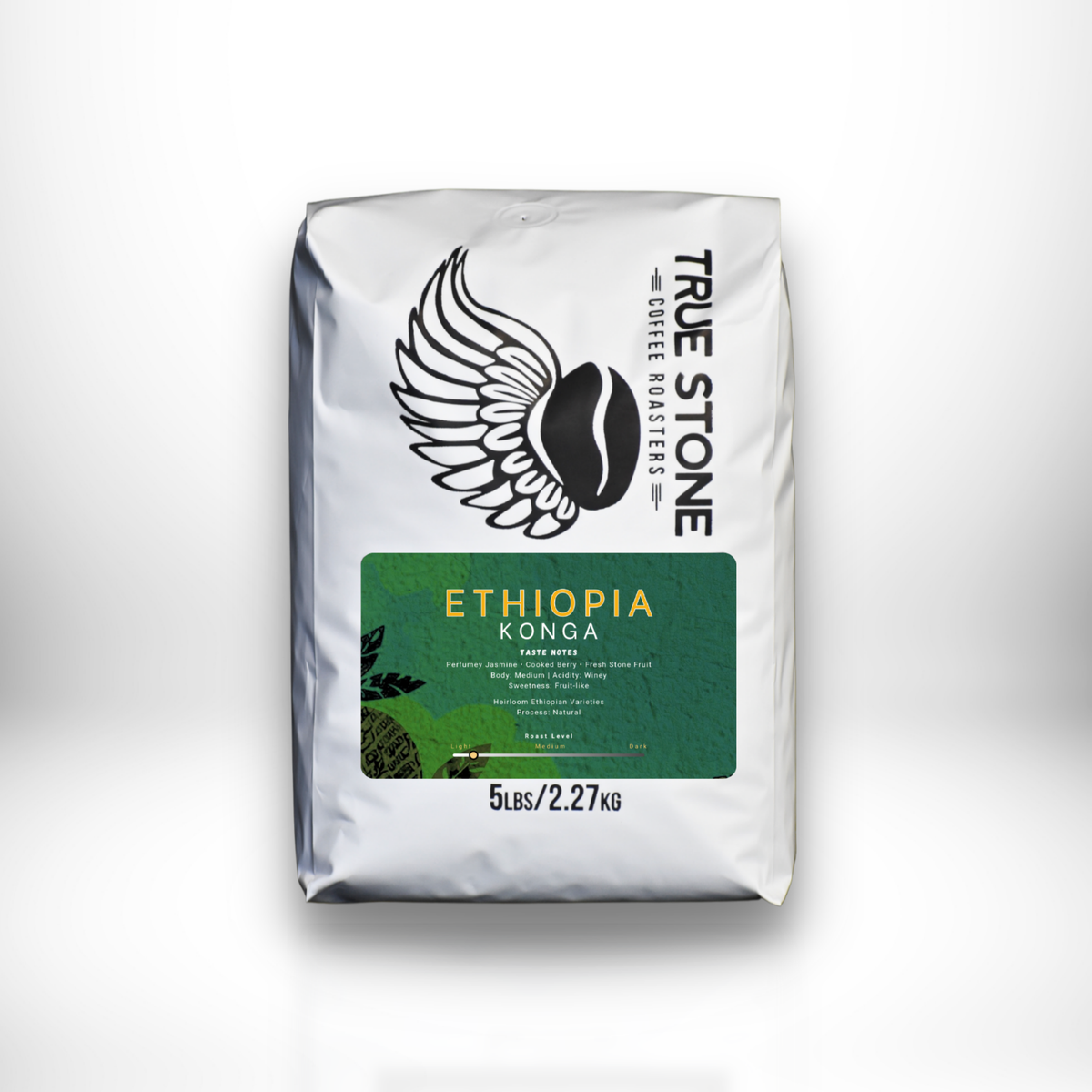 Ethiopia Konga light roast coffee in a 5lb True Stone bag